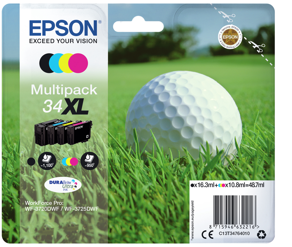 Epson Golf ball Multipack 4-colours 34XL DURABrite Ultra Ink - Hohe (XL-) Ausbeute - Tinte auf Pigmentbasis - 16,3 ml - 10,8 ml - 4 Stück(e) - Multipack
