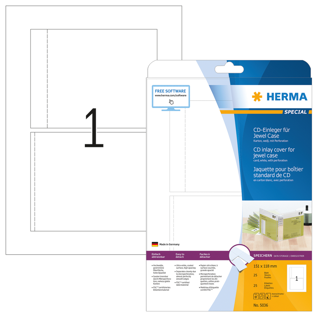 HERMA CD-Einleger für Jewelcase A4 151x118 mm weiß Karton perforiert nicht klebend 25 St. - Weiß - Nicht klebendes Druckeretikett - A4 - Karton - Laser/Inkjet - Rechteck