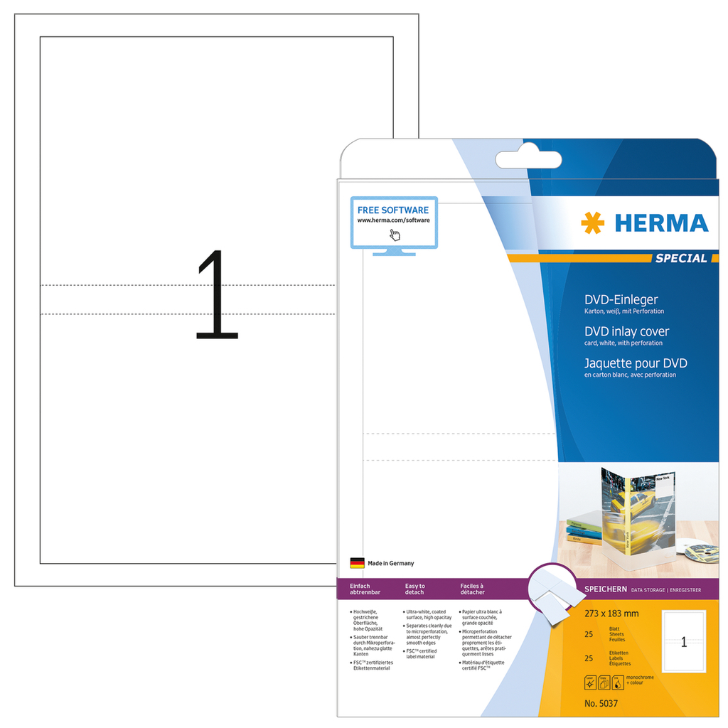HERMA DVD-Einleger A4 273x183 mm weiß Karton perforiert nicht klebend 25 St. - Weiß - Nicht klebendes Druckeretikett - A4 - Karton - Laser/Inkjet - Rechteck