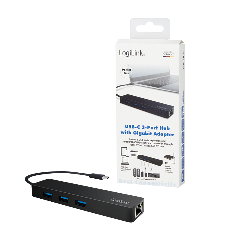 LogiLink UA0313 - USB 3.2 Gen 1 (3.1 Gen 1) Type-C - RJ-45,USB 3.2 Gen 1 (3.1 Gen 1) Type-A - 5000 Mbit/s - Schwarz - Gigabit Ethernet - 319 mm