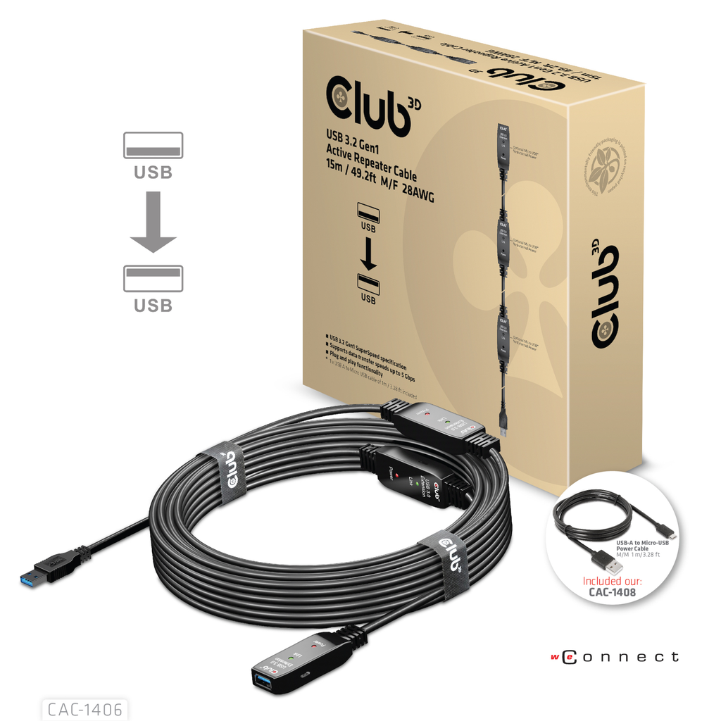 Club 3D USB 3.2 A Verlängerungskabel 15m aktiv 5 Gbps St/Bu retail - Kabel - Digital/Daten