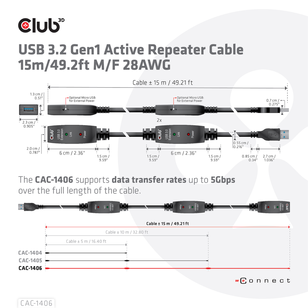 Club 3D USB 3.2 A Verlängerungskabel 15m aktiv 5 Gbps St/Bu retail - Kabel - Digital/Daten