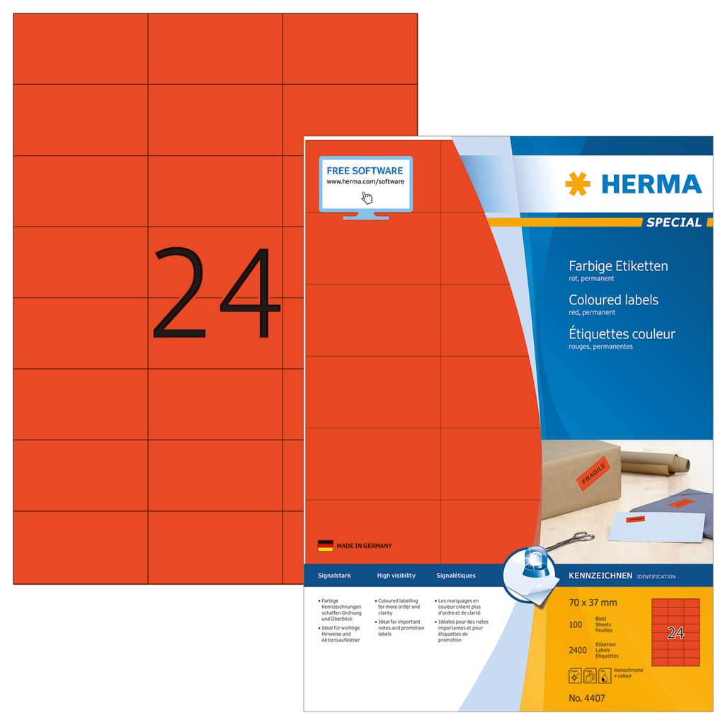 HERMA Farbige Etiketten A4 70x37 mm rot Papier matt 2400 St. - Rot - Rechteck - Dauerhaft - Papier - Matte - Laser/Inkjet