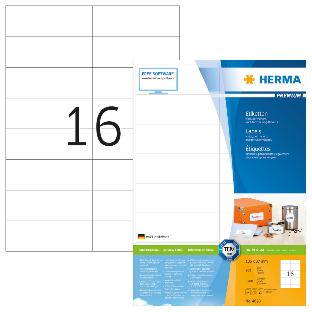 HERMA Etiketten Premium A4 105x37 mm weiß Papier matt 3200 St. - Weiß - Nicht klebendes Druckeretikett - A4 - Papier - Laser/Inkjet - Dauerhaft