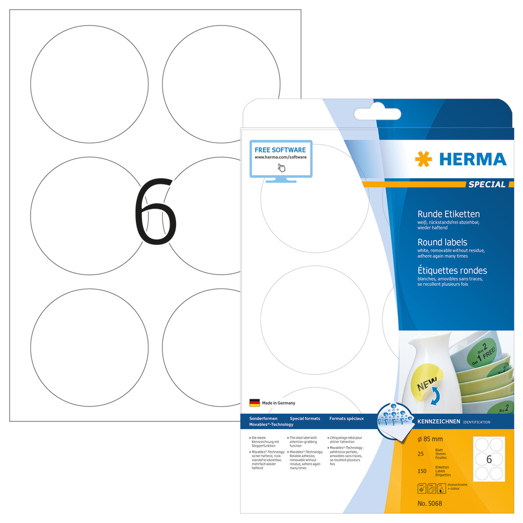 HERMA Ablösbare Etiketten A4 Ø 85 mm rund weiß Movables/ablösbar Papier matt 150 St. - Weiß - Selbstklebendes Druckeretikett - A4 - Papier - Laser/Inkjet - Entfernbar