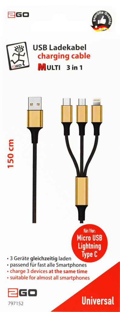 ACV 3 in 1 USB Ladekabel-gold-150cm f.Micro-USB & Apple