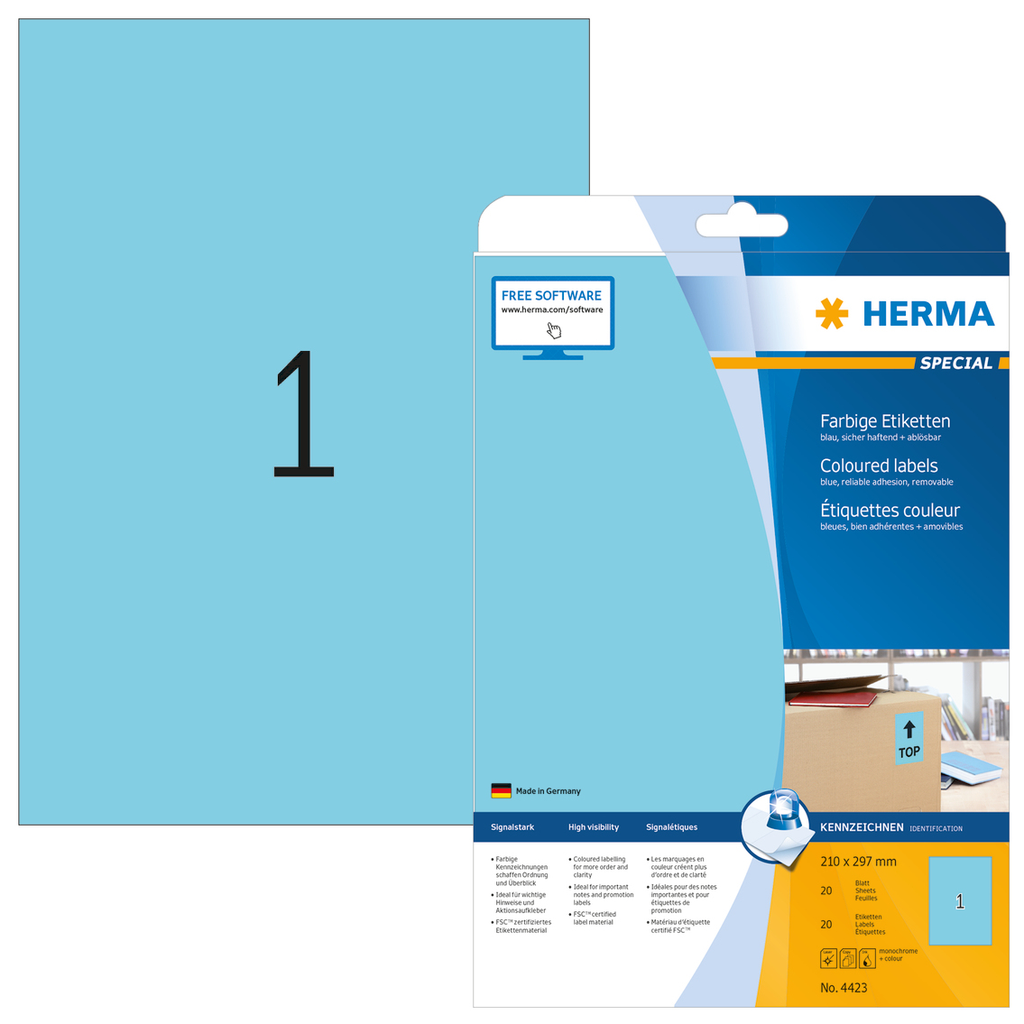 HERMA Farbige Etiketten A4 210x297 mm blau Papier matt 20 St. - Blau - Rechteck - Entfernbar - Papier - Matte - Laser/Inkjet