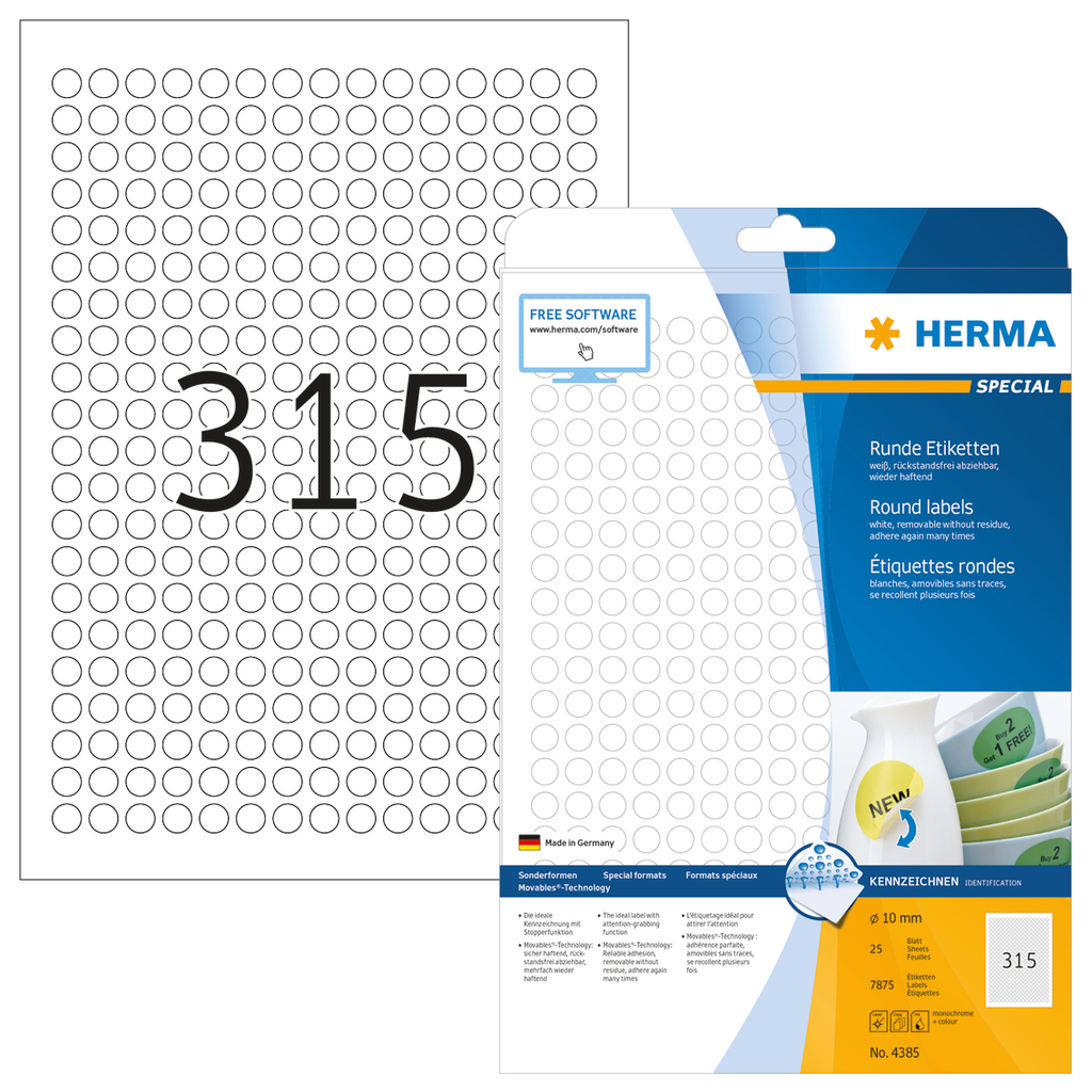 HERMA Ablösbare Etiketten A4 Ø 10 mm rund weiß Movables/ablösbar Papier matt 7875 St. - Weiß - Selbstklebendes Druckeretikett - A4 - Papier - Laser/Inkjet - Entfernbar