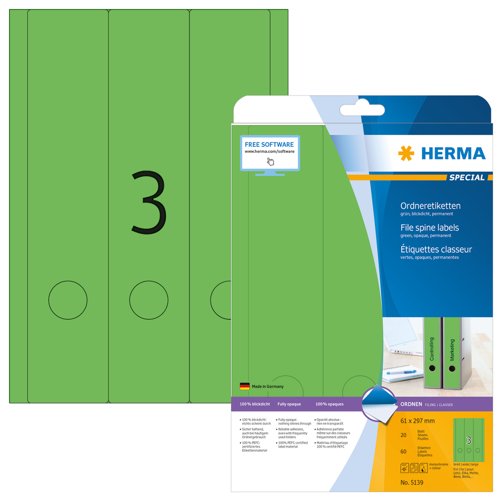HERMA Ordneretiketten A4 61x297 mm grün Papier matt blickdicht 60 St. - Grün - Abgerundetes Rechteck - Dauerhaft - Papier - Matte - Laser/Inkjet