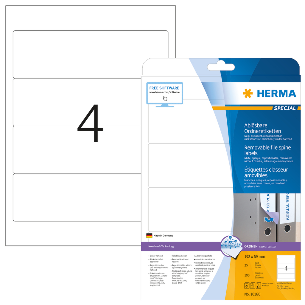 HERMA Ablösbare Ordneretiketten A4 192x59 mm weiß Movables/ablösbar Papier matt blickdicht 100 St. - Weiß - Selbstklebendes Druckeretikett - A4 - Papier - Laser/Inkjet - Entfernbar