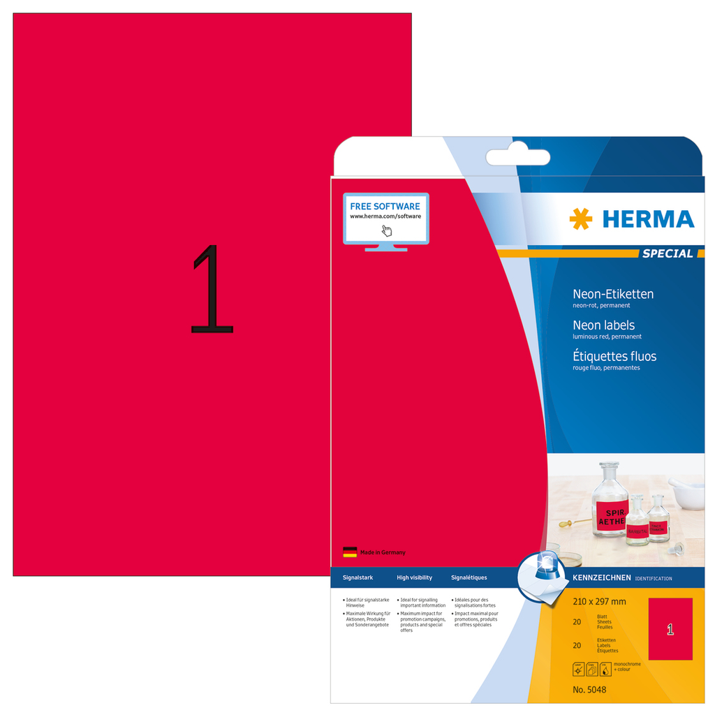 HERMA Neonetiketten A4 210x297 mm neon-rot Papier matt 20 St. - Rot - Selbstklebendes Druckeretikett - A4 - Papier - Laser/Inkjet - Dauerhaft