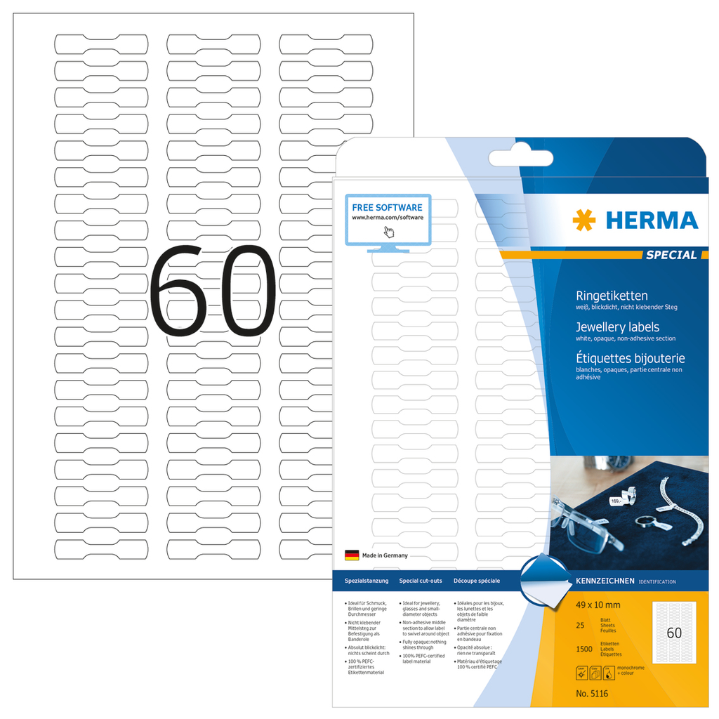 HERMA Ringetiketten A4 49x10 mm weiß Papier matt blickdicht 1500 St. - Weiß - Selbstklebendes Druckeretikett - A4 - Papier - Laser/Inkjet - Dauerhaft