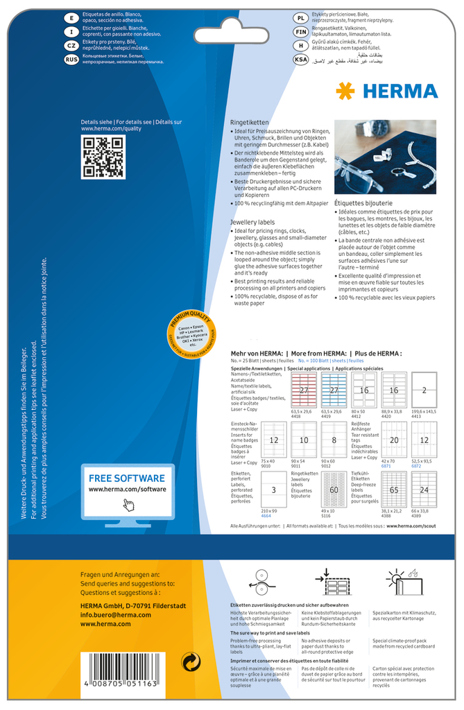 HERMA Ringetiketten A4 49x10 mm weiß Papier matt blickdicht 1500 St. - Weiß - Selbstklebendes Druckeretikett - A4 - Papier - Laser/Inkjet - Dauerhaft