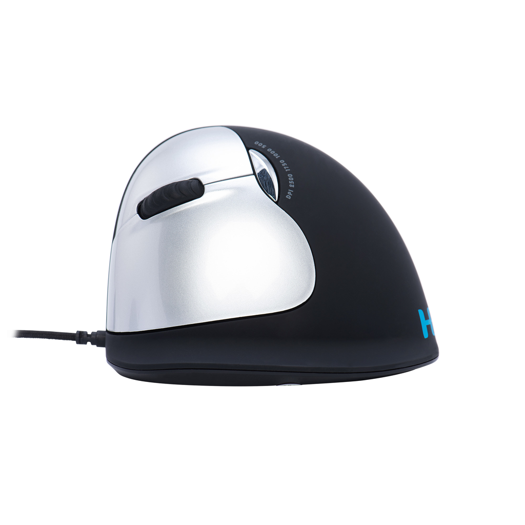 R-Go HE Break Mouse - Ergonomische Maus - Anti-RSI-Software - Groß (Handlänge über 185mm) - Linkshändig - Kabelgebunden - Linkshändig - Vertikale Ausführung - USB Typ-A - 2500 DPI - Schwarz - Silber