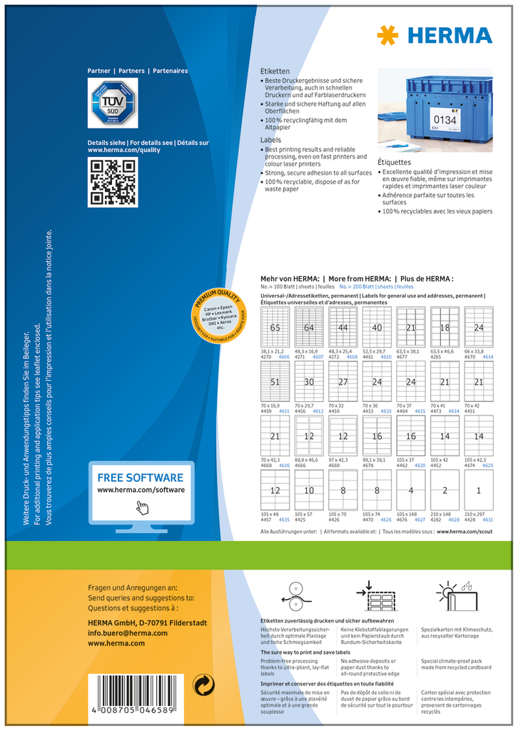 HERMA Etiketten Premium A4 105x297 mm weiß Papier matt 200 St. - Weiß - Rechteck - Dauerhaft - Papier - Matte - Laser/Inkjet