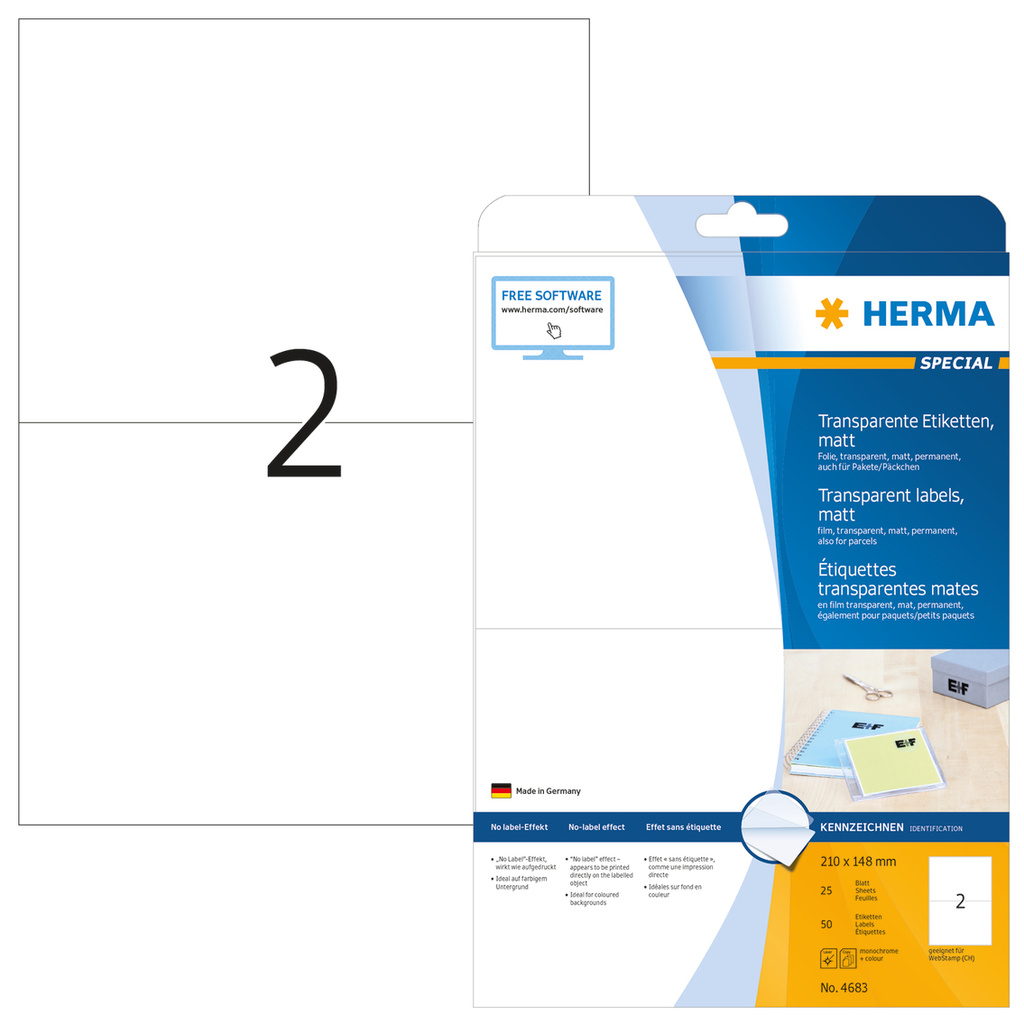HERMA Etiketten transparent matt A4 210x148 mm Folie 50 St. - Transparent - Selbstklebendes Druckeretikett - A4 - Laser - Dauerhaft - Matte