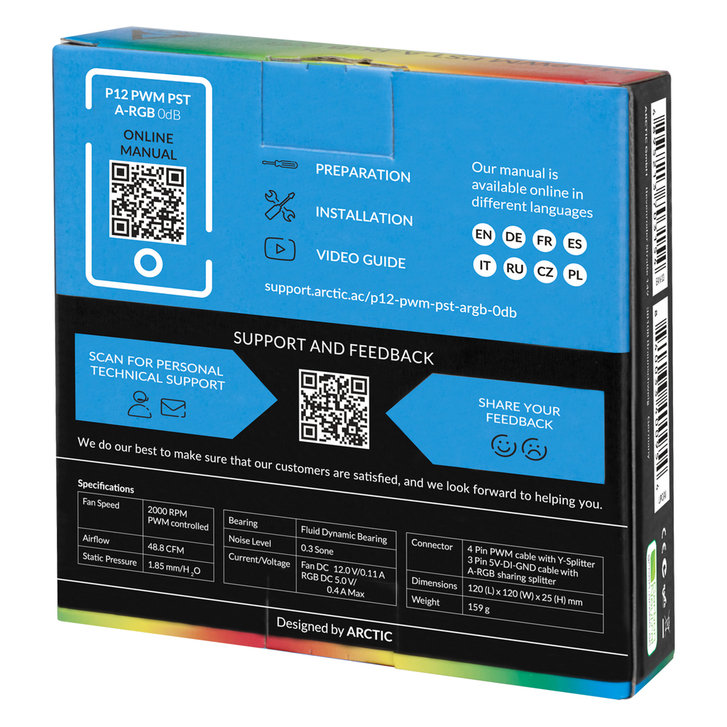 Arctic P12 PWM PST A-RGB 0dB Semi-Passiver 120 mm Gehäuselüfter mit digitalem A-RGB - Ventilator - 12 cm - 2000 RPM - 48,8 cfm - 82,91 m³/h - Schwarz - Weiß