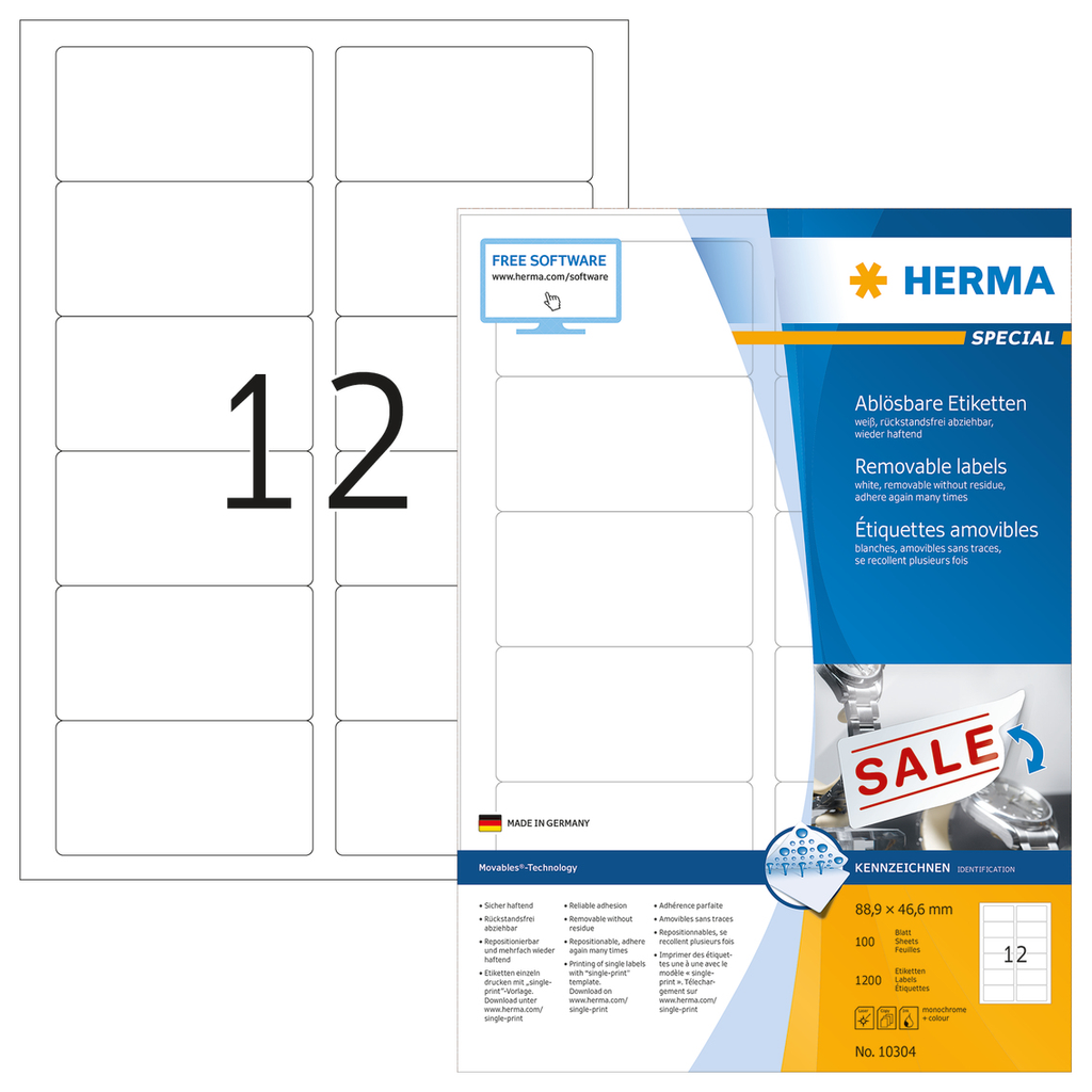 HERMA Ablösbare Etiketten A4 88.9x46.6 mm weiß Movables/ablösbar Papier matt 1200 St. - Weiß - Selbstklebendes Druckeretikett - A4 - Papier - Laser/Inkjet - Entfernbar