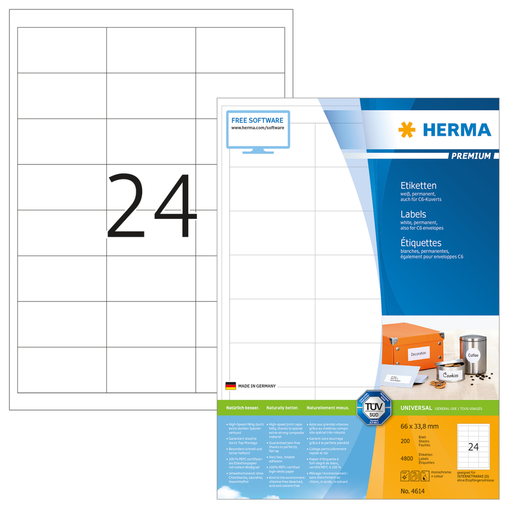 HERMA Etiketten Premium A4 66x33.8 mm weiß Papier matt 4800 St. - Weiß - Selbstklebendes Druckeretikett - A4 - Papier - Laser/Inkjet - Dauerhaft