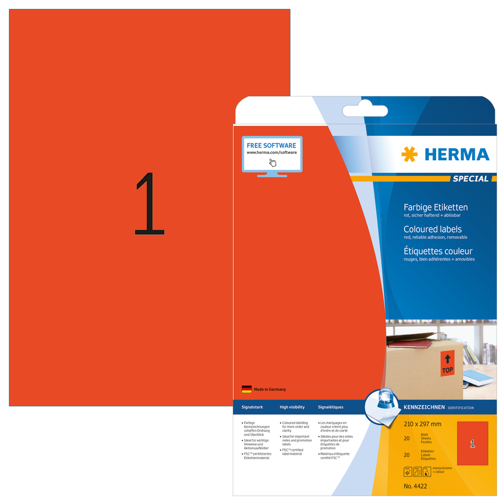 HERMA Farbige Etiketten A4 210x297 mm rot Papier matt 20 St. - Rot - Selbstklebendes Druckeretikett - A4 - Papier - Laser/Inkjet - Entfernbar