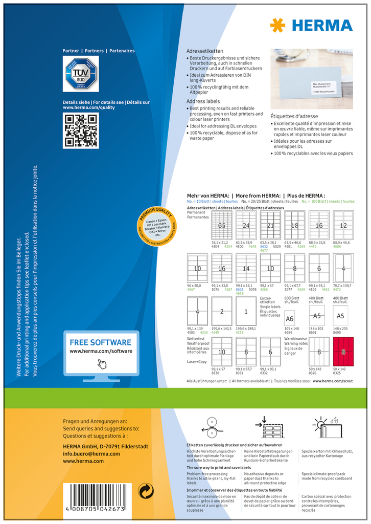 HERMA Adressetiketten Premium A4 99.1x33.8 mm weiß Papier matt 1600 St. - Weiß - Selbstklebendes Druckeretikett - A4 - Papier - Laser/Inkjet - Dauerhaft