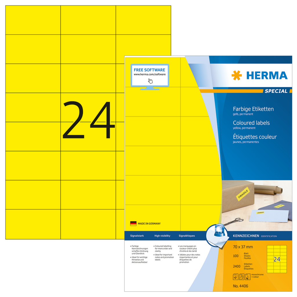 HERMA Farbige Etiketten A4 70x37 mm gelb Papier matt 2400 St. - Gelb - Rechteck - Dauerhaft - Papier - Matte - Laser/Inkjet