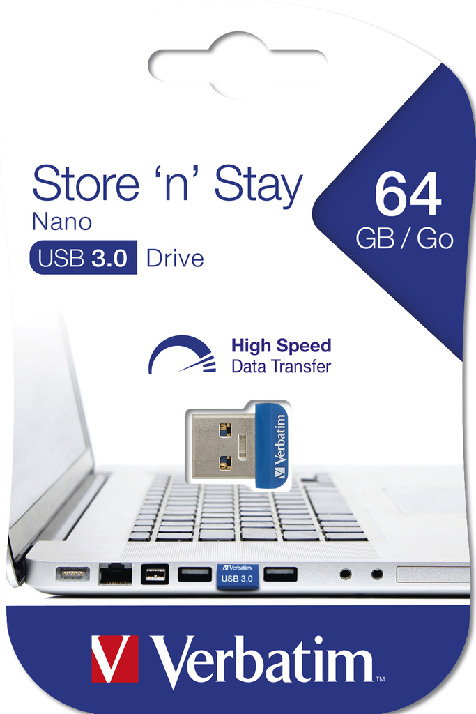 Verbatim Store 'n' Stay NANO - USB 3.0-Stick 64 GB - Blau - 64 GB - USB Typ-A - 3.2 Gen 1 (3.1 Gen 1) - Kappe - Blau