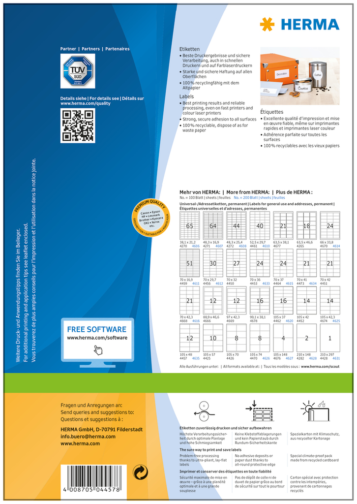 HERMA Etiketten Premium A4 105x48 mm weiß Papier matt 1200 St. - Weiß - Rechteck - Dauerhaft - Papier - Matte - Laser/Inkjet