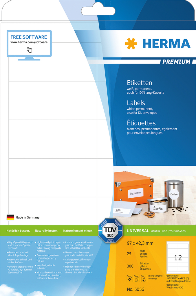 HERMA Etiketten Premium A4 97x42.3 mm weiß Papier matt 300 St. - Weiß - Selbstklebendes Druckeretikett - A4 - Papier - Laser/Inkjet - Dauerhaft