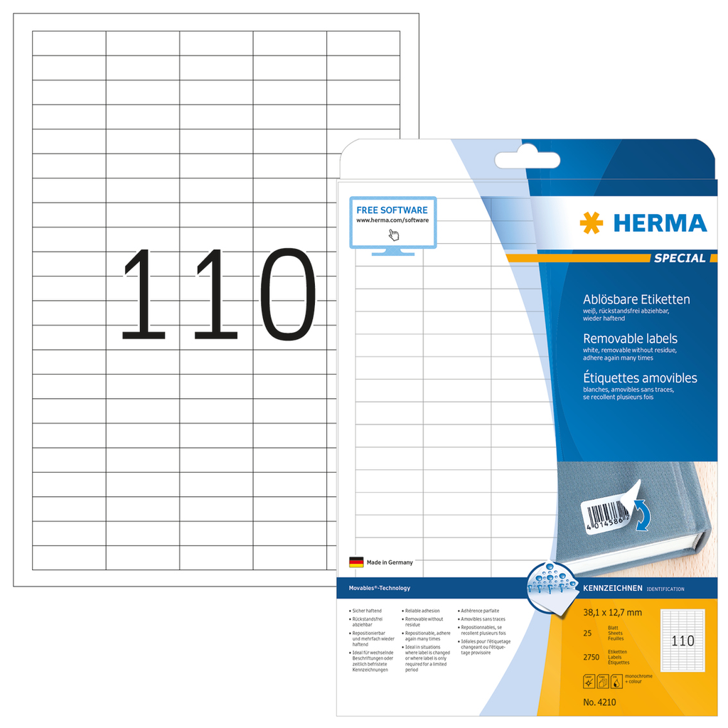 HERMA Ablösbare Etiketten A4 38.1x12.7 mm weiß Movables/ablösbar Papier matt 2750 St. - Weiß - Selbstklebendes Druckeretikett - A4 - Papier - Laser/Inkjet - Entfernbar