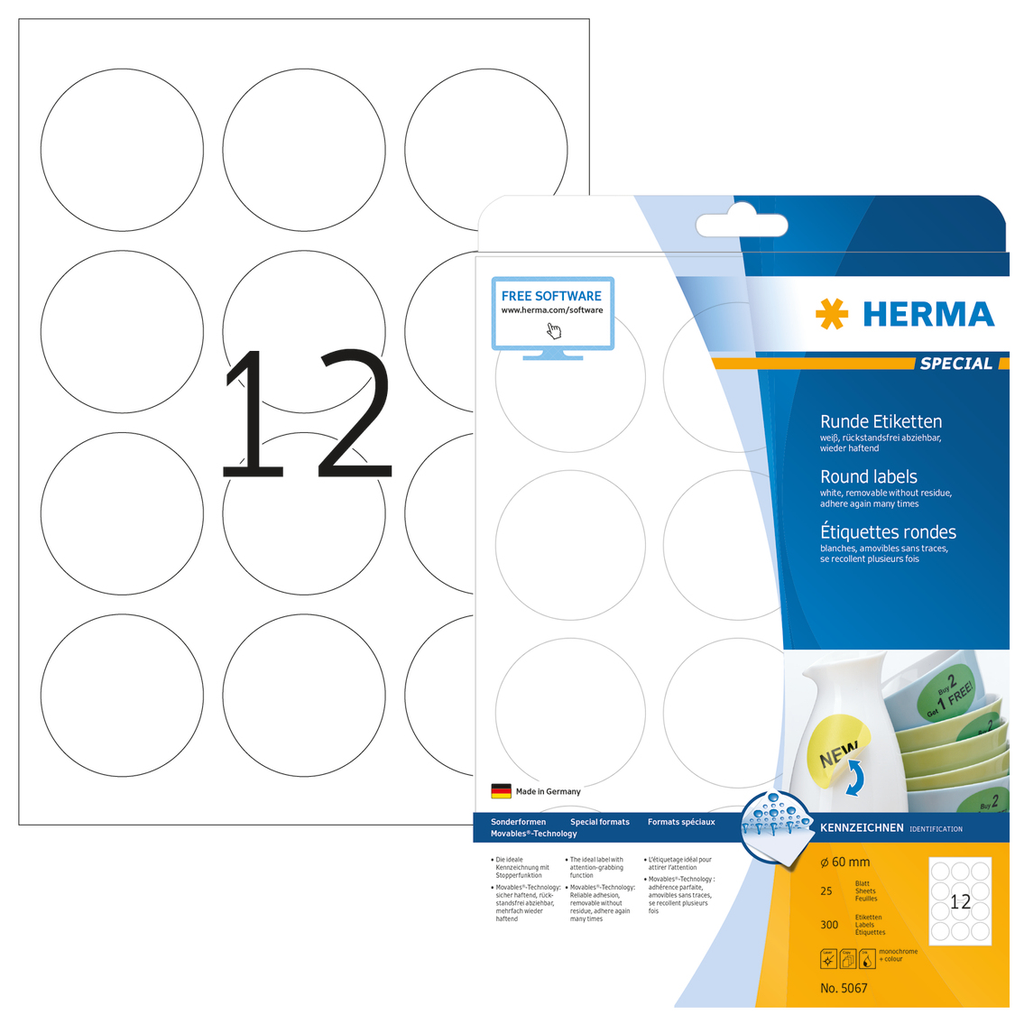 HERMA Ablösbare Etiketten A4 Ø 60 mm rund weiß Movables/ablösbar Papier matt 300 St. - Weiß - Selbstklebendes Druckeretikett - A4 - Papier - Laser/Inkjet - Entfernbar