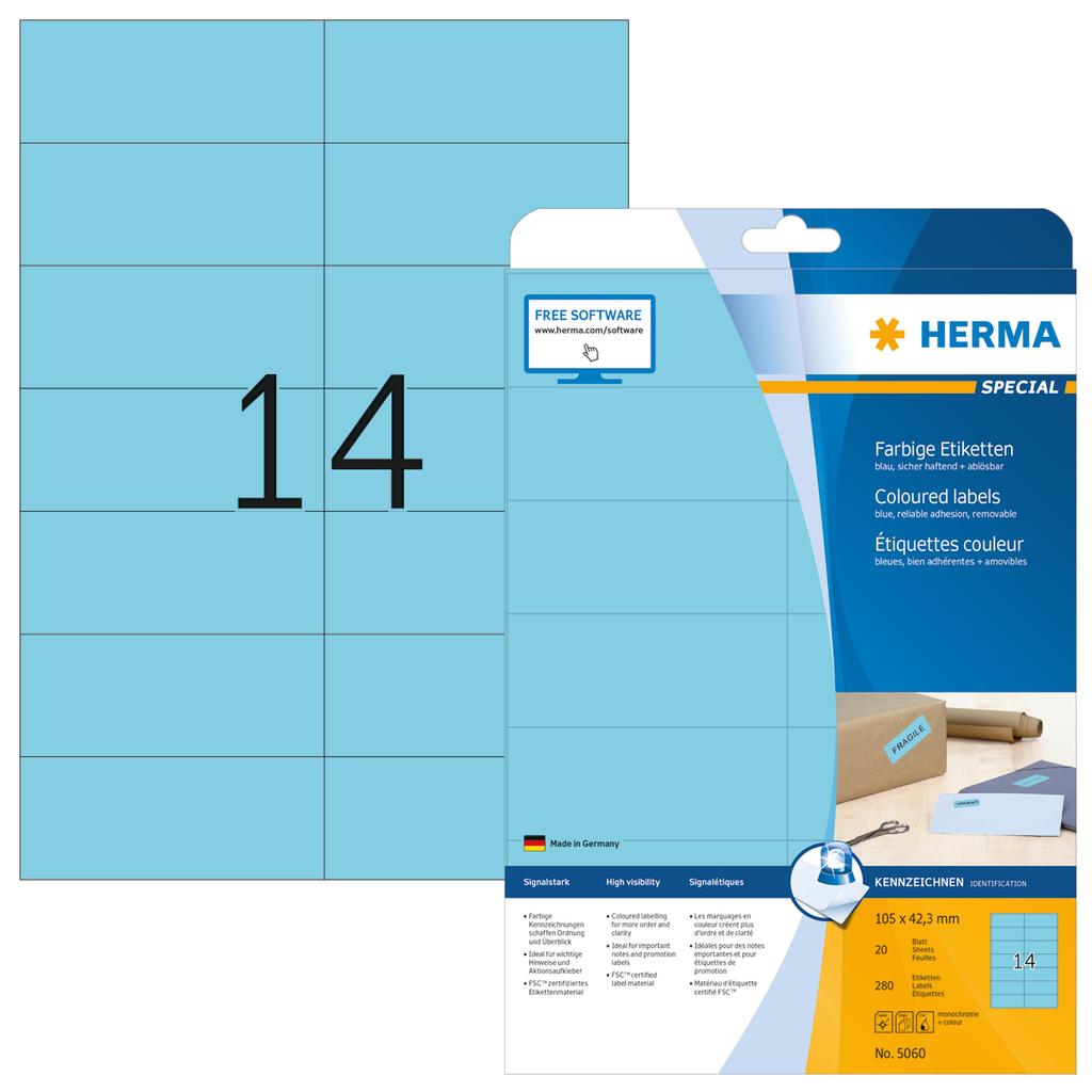 HERMA Farbige Etiketten A4 105x42.3 mm blau Papier matt 280 St. - Blau - Selbstklebendes Druckeretikett - A4 - Papier - Laser/Inkjet - Entfernbar