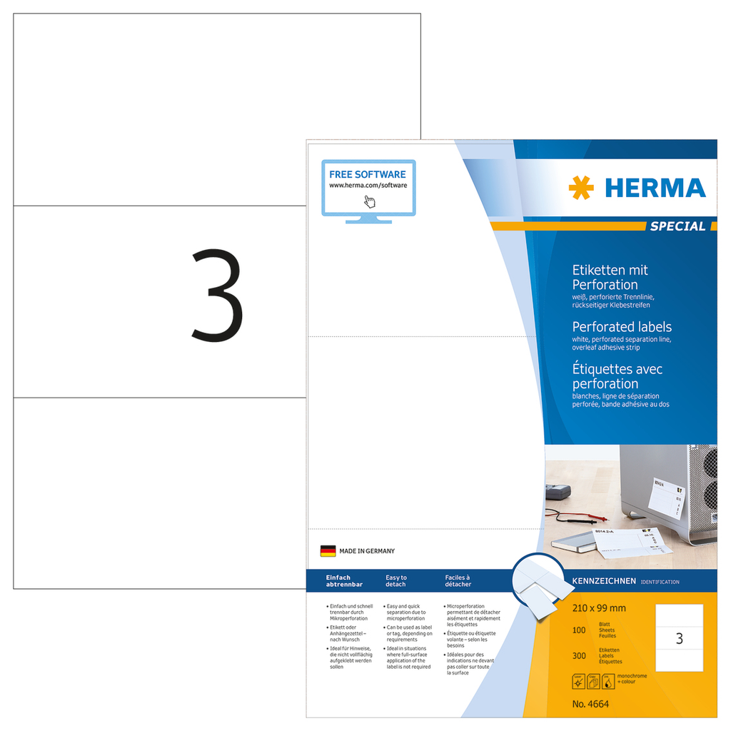 HERMA Etiketten A4 210x99 mm weiß perforiert Papier matt 300 St. - Weiß - Selbstklebendes Druckeretikett - A4 - Papier - Laser/Inkjet - Dauerhaft