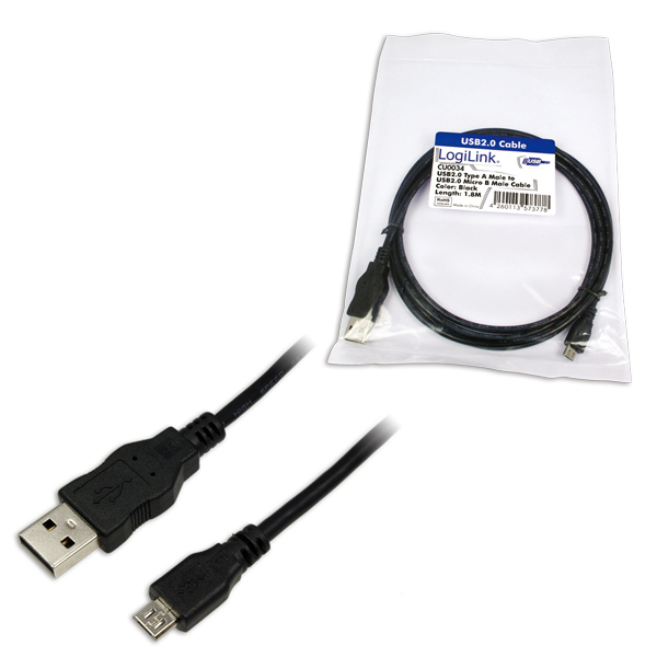 LogiLink 1.8m USB/microUSB - 1,8 m - USB A - Micro-USB B - USB 2.0 - Männlich/Männlich - Schwarz