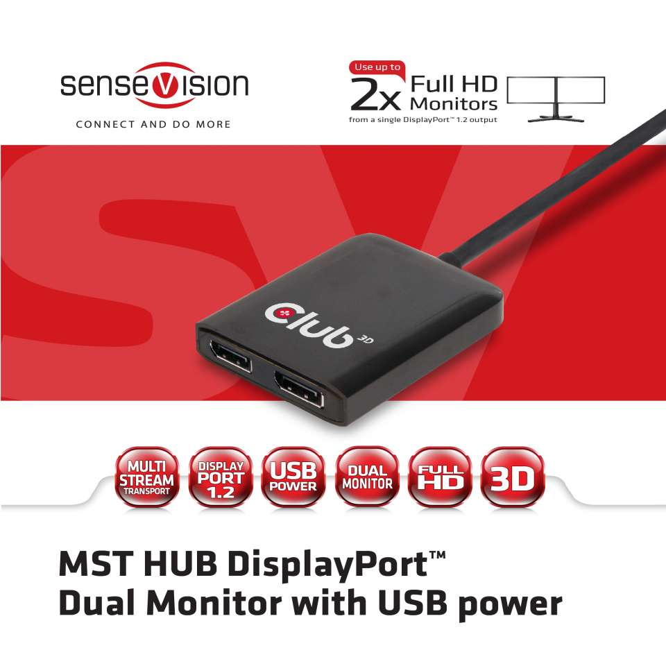 Club 3D Multi Stream Transport Hub DisplayPort 1.2 Dual Monitor USB Powered