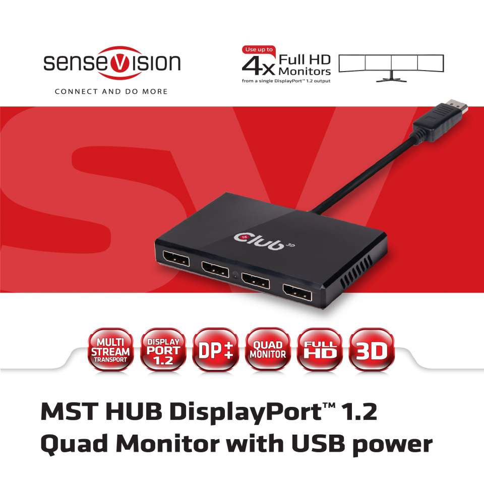 Club 3D Multi Stream Transport (MST) Hub DisplayPort 1.2 Quad Monitor USB Powered