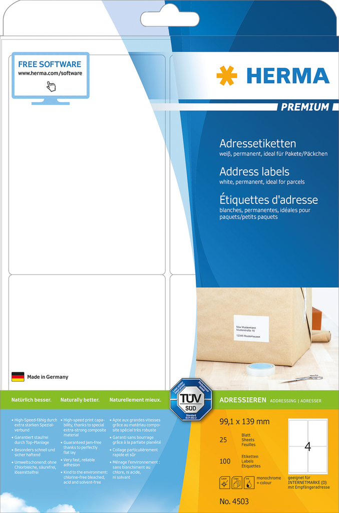 HERMA Adressetiketten Premium A4 99.1x139 mm weiß Papier matt 100 St. - Weiß - Papier - Laser/Inkjet - Matte - Dauerhaft - Abgerundetes Rechteck