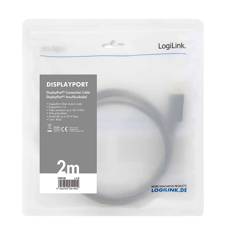 LogiLink CV0120 - 2 m - DisplayPort - DisplayPort - Männlich - Männlich - Gold