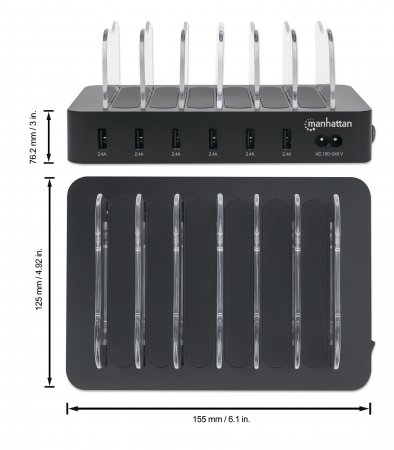 Manhattan 6-Port USB-Ladestation - Sechs USB-A-Ports - bis zu 2,4 A/5 V pro Port - 50 W Ausgangsleistung gesamt - schwarz - Schwarz - CE FCC RoHS WEEE ETL - 100 - 240 V - 1 A - 155 mm - 125 mm