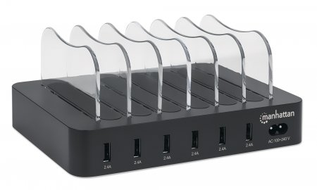 Manhattan 6-Port USB-Ladestation - Sechs USB-A-Ports - bis zu 2,4 A/5 V pro Port - 50 W Ausgangsleistung gesamt - schwarz - Schwarz - CE FCC RoHS WEEE ETL - 100 - 240 V - 1 A - 155 mm - 125 mm