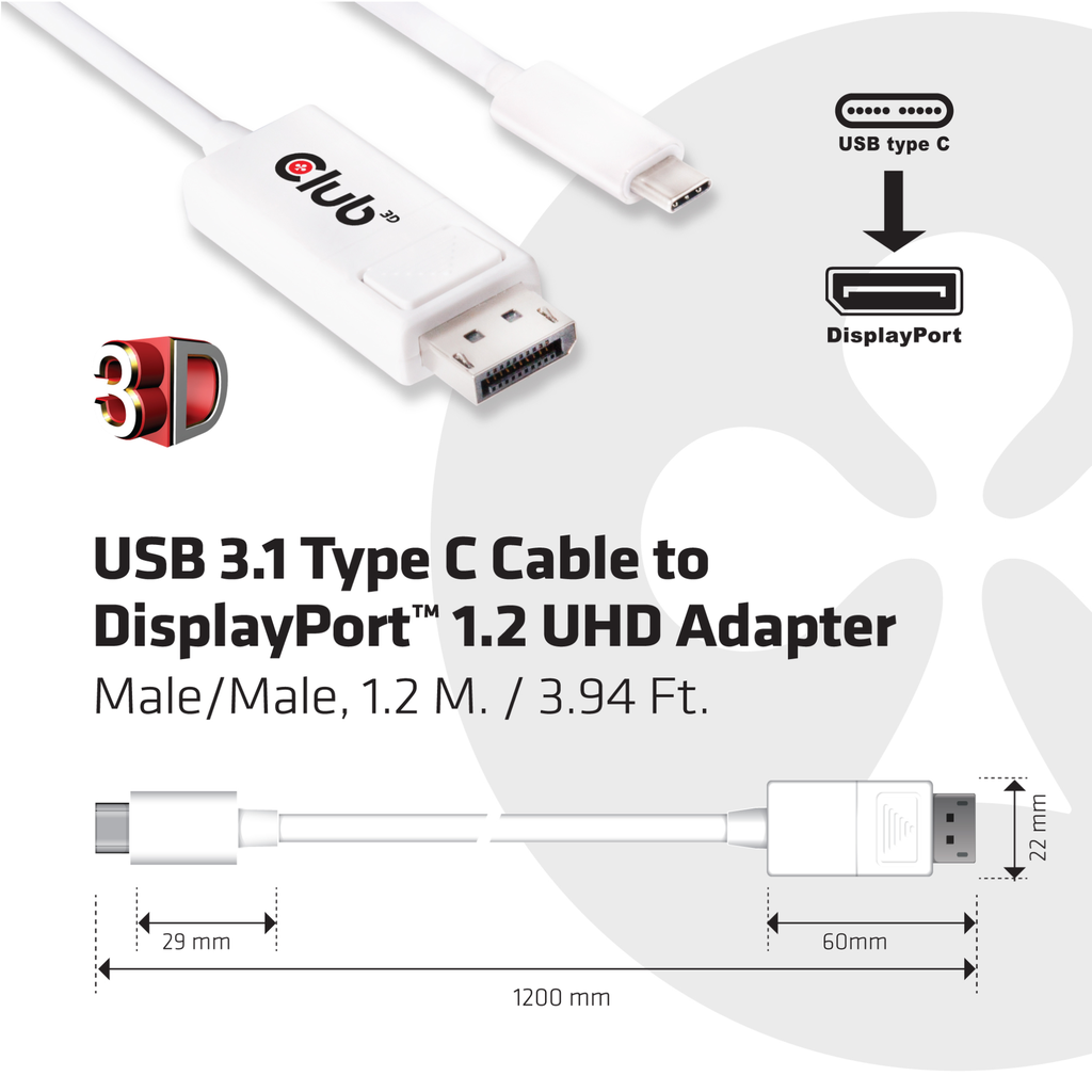 Club 3D USB 3.1 Typ C Kabel 1.2 M auf Displayport 1.2 UHD 4K 60Hz Adapter
