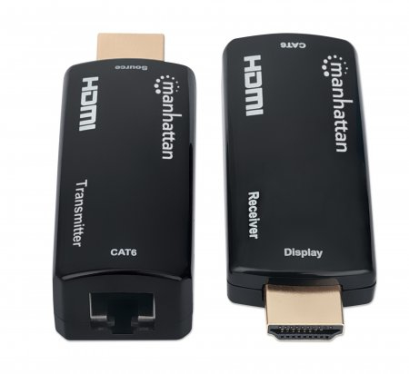 Manhattan 1080p HDMI over Ethernet Extender Kit in kompaktem Format - HDMI-Signalverlängerung mit 1080p@60Hz bis zu 60 m über ein einzelnes Cat6-Netzwerkkabel - Sender- und Empfängermodul - Power over Cable - ultrakompaktes Format - schwarz - AV-Sender & -Empfänger