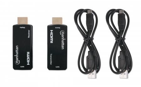 Manhattan 1080p HDMI over Ethernet Extender Kit in kompaktem Format - HDMI-Signalverlängerung mit 1080p@60Hz bis zu 60 m über ein einzelnes Cat6-Netzwerkkabel - Sender- und Empfängermodul - Power over Cable - ultrakompaktes Format - schwarz - AV-Sender & -Empfänger