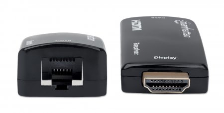 Manhattan 1080p HDMI over Ethernet Extender Kit in kompaktem Format - HDMI-Signalverlängerung mit 1080p@60Hz bis zu 60 m über ein einzelnes Cat6-Netzwerkkabel - Sender- und Empfängermodul - Power over Cable - ultrakompaktes Format - schwarz - AV-Sender & -Empfänger