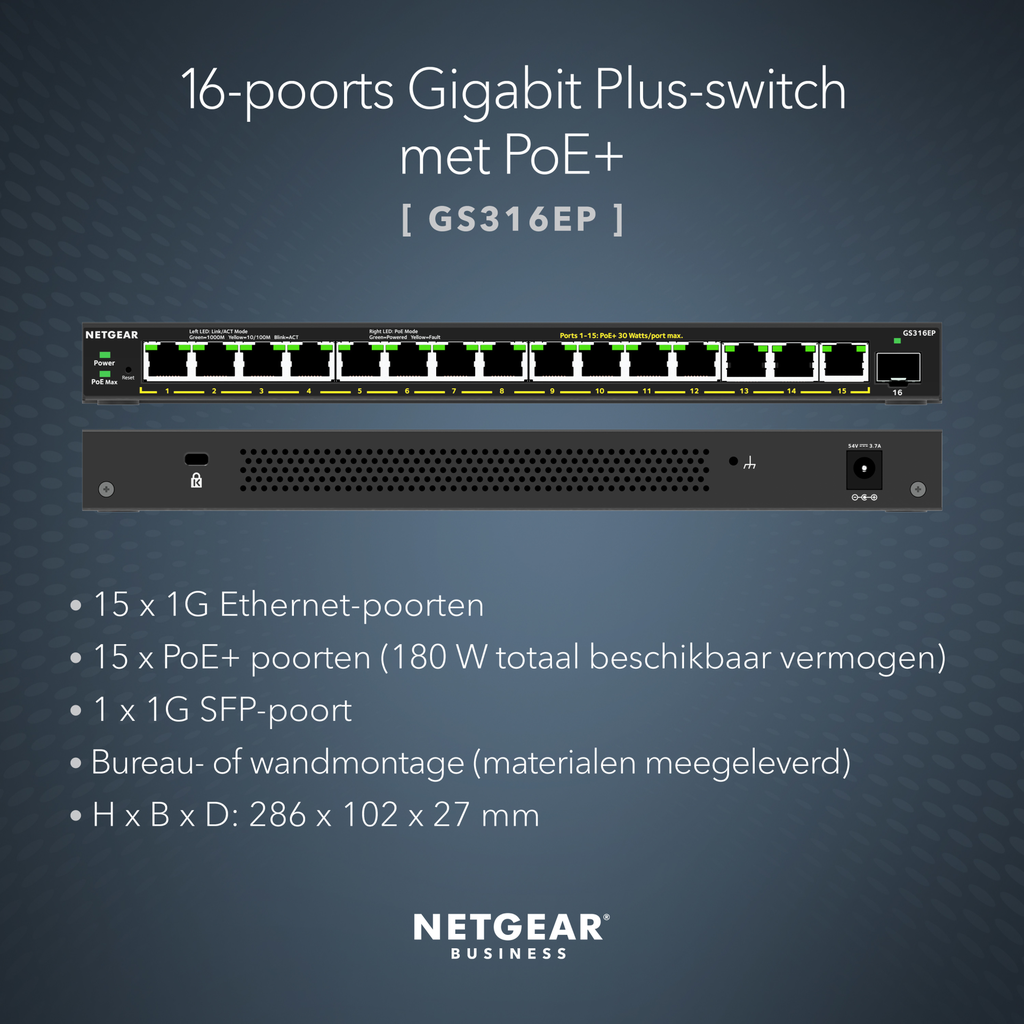 Netgear GS316EP-100PES - Managed - Vollduplex - Power over Ethernet (PoE)