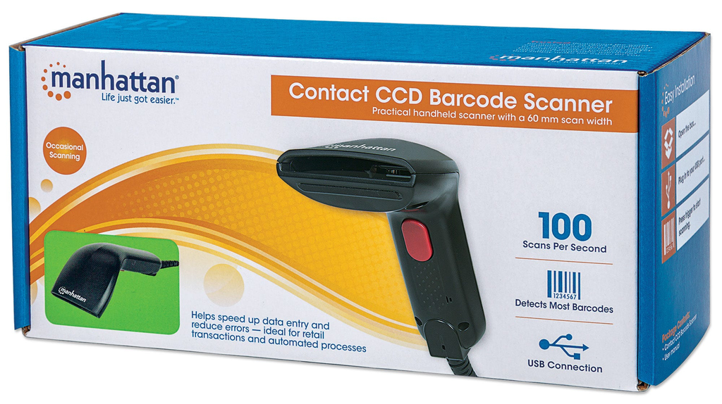 Manhattan CCD Kontakt-Barcodescanner - 60 mm Scanbreite - USB - Tragbares Barcodelesegerät - 1D - CCD - Codabar,Code 11,Code 128,Code 39,Code 93,JAN,MSI,U.P.C. - 6 cm - 100 Auslesungen/Sekunde