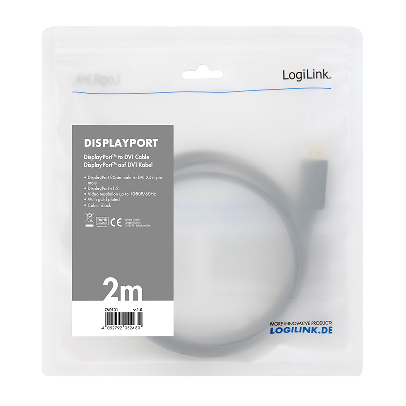 LogiLink CV0131 - 2 m - DisplayPort - DVI - Männlich - Männlich - Gerade