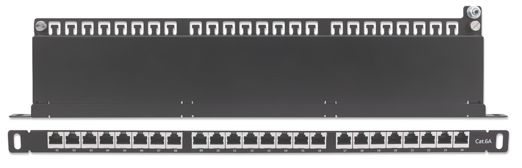 Intellinet 24-Port Cat6a Patchpanel - geschirmt - FTP - 19" - 0,5 HE - Klemmleisten mit 90 Grad abgewinkelten Kabeleinführungen - schwarz - IEEE 802.3,IEEE 802.3ab,IEEE 802.3u - 10/100/1000Base-T(X) - 1000 Mbit/s - Gold - Cat6a - 23/24/25/26