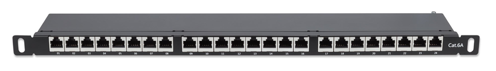 Intellinet 24-Port Cat6a Patchpanel - geschirmt - FTP - 19" - 0,5 HE - Klemmleisten mit 90 Grad abgewinkelten Kabeleinführungen - schwarz - IEEE 802.3,IEEE 802.3ab,IEEE 802.3u - 10/100/1000Base-T(X) - 1000 Mbit/s - Gold - Cat6a - 23/24/25/26