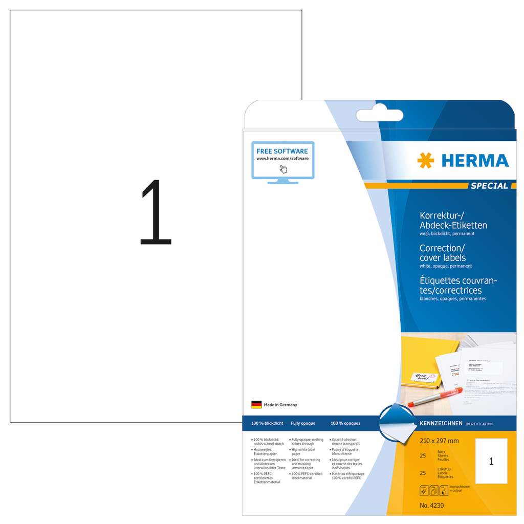 HERMA Korrektur-/Abdecketiketten A4 210x297 mm weiß Papier matt blickdicht 25 St. - Weiß - Selbstklebendes Druckeretikett - A4 - Papier - Laser/Inkjet - Dauerhaft